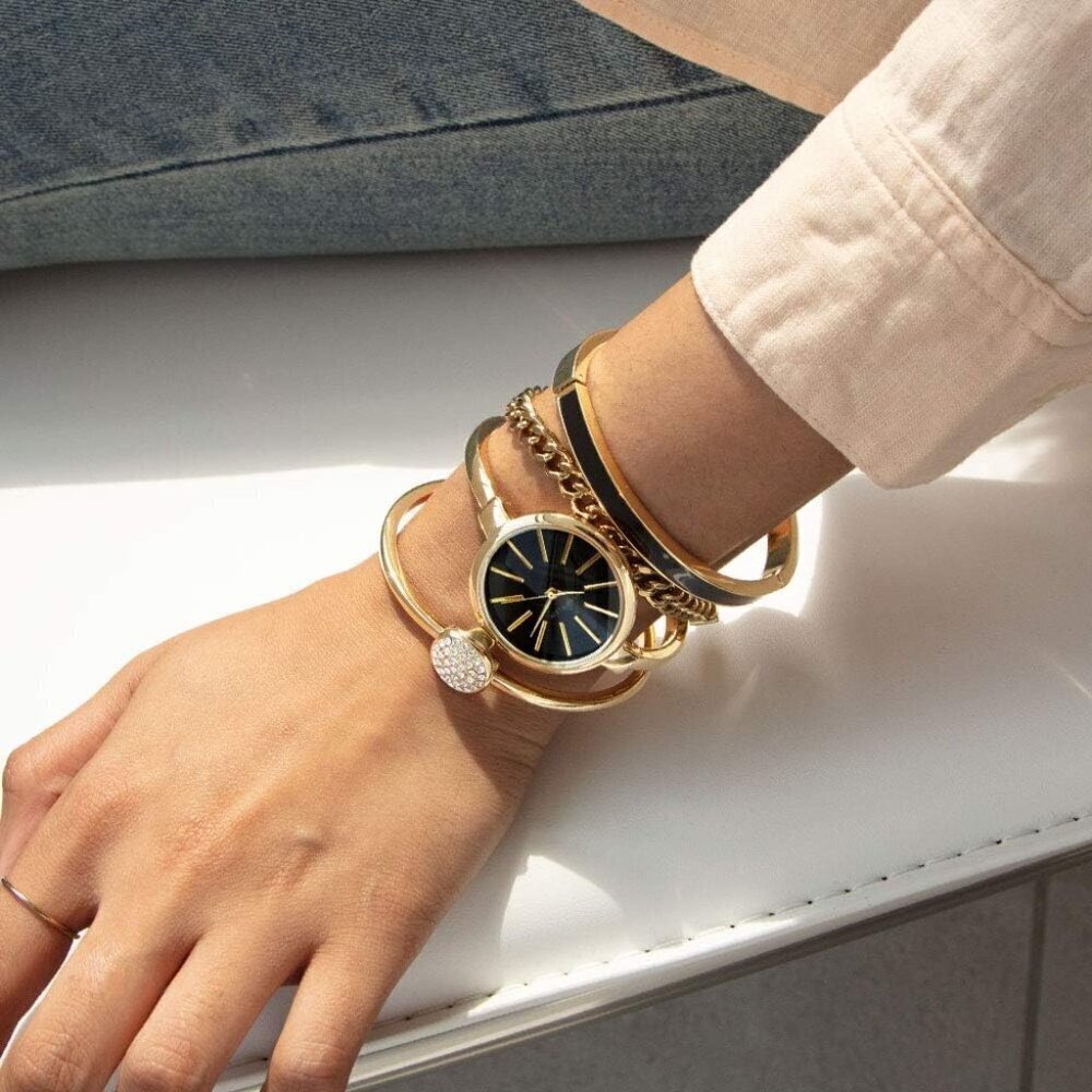 Women's Bangle Watch and Bracelet Set Brass Gold Black Jewelry Gift - Picture 6 of 7